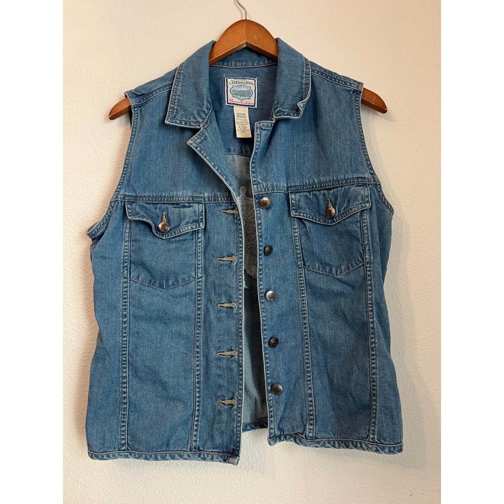 St Johns Bay Denim Vest Women's Medium Sleeveless‎ Embroidered Pirate Ship